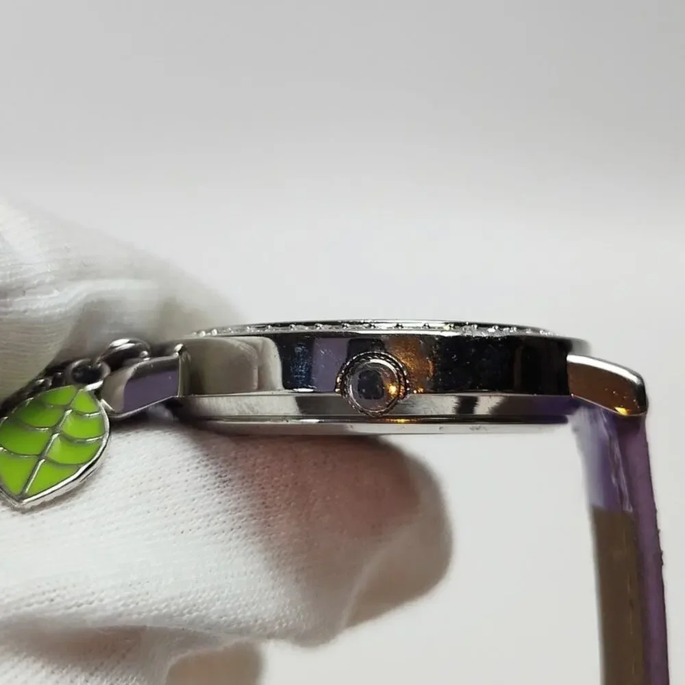 Disney Tinker Bell Charm Watch Purple Strap Rhinestone Bezel